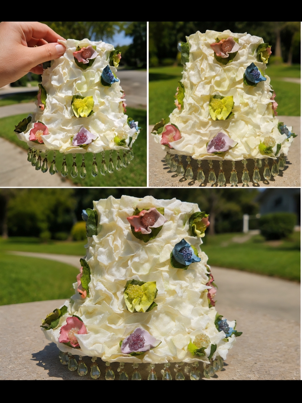 Ivory Floral Petal Lamp Shade with Beaded Fringe
